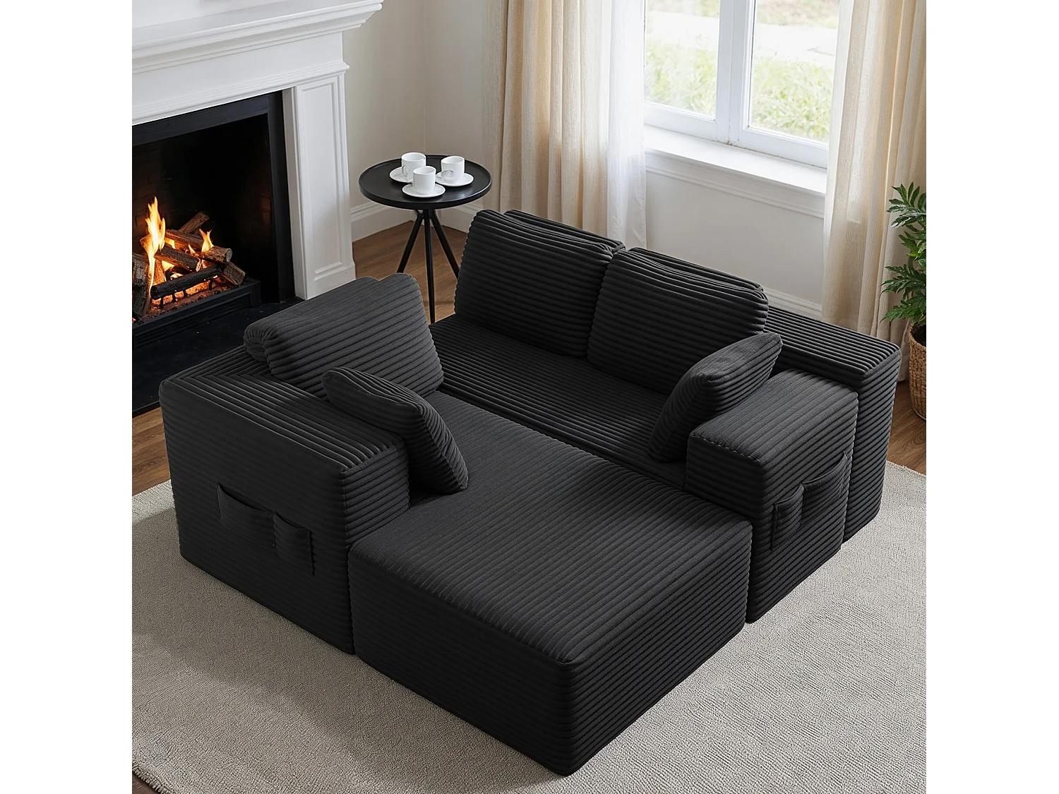 Canapé d'angle 3 Places avec Méridienne Sans Installation Velours Côtelé Gris Foncé 250x160x60cm Bealife