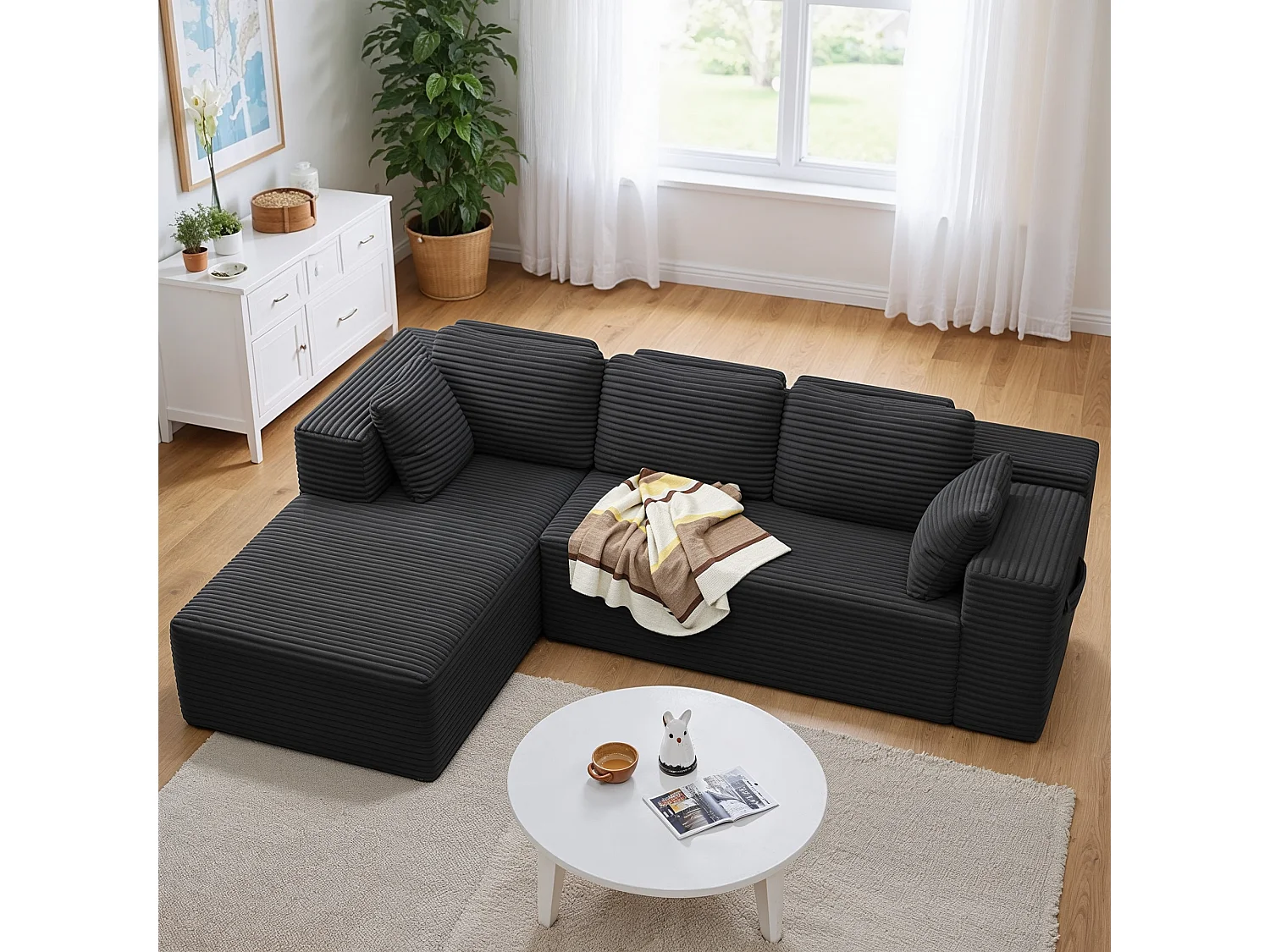 Canapé d'angle 3 Places avec Méridienne Sans Installation Velours Côtelé Gris Foncé 250x160x60cm Bealife