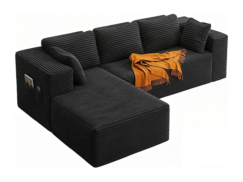 Canapé d'angle 3 Places avec Méridienne Sans Installation Velours Côtelé Gris Foncé 250x160x60cm Bealife