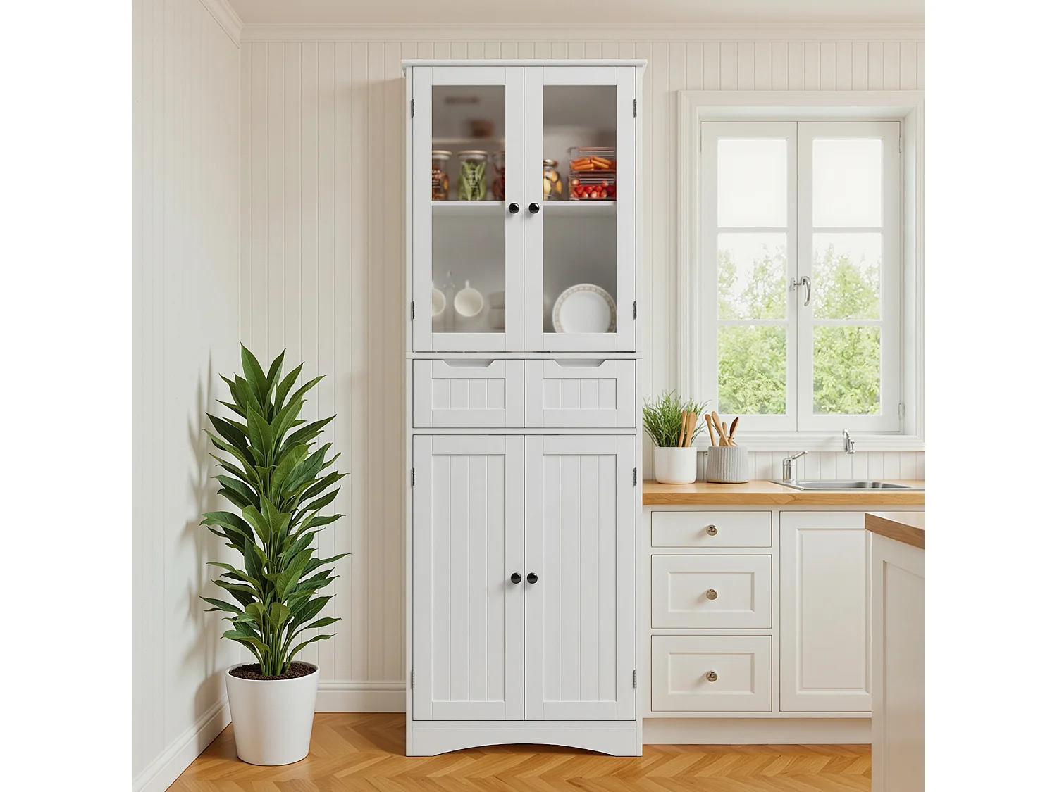 Buffet De Cuisine Avec 2 Tiroirs Et 4 Portes 60x30x170cm Blanc Bealife