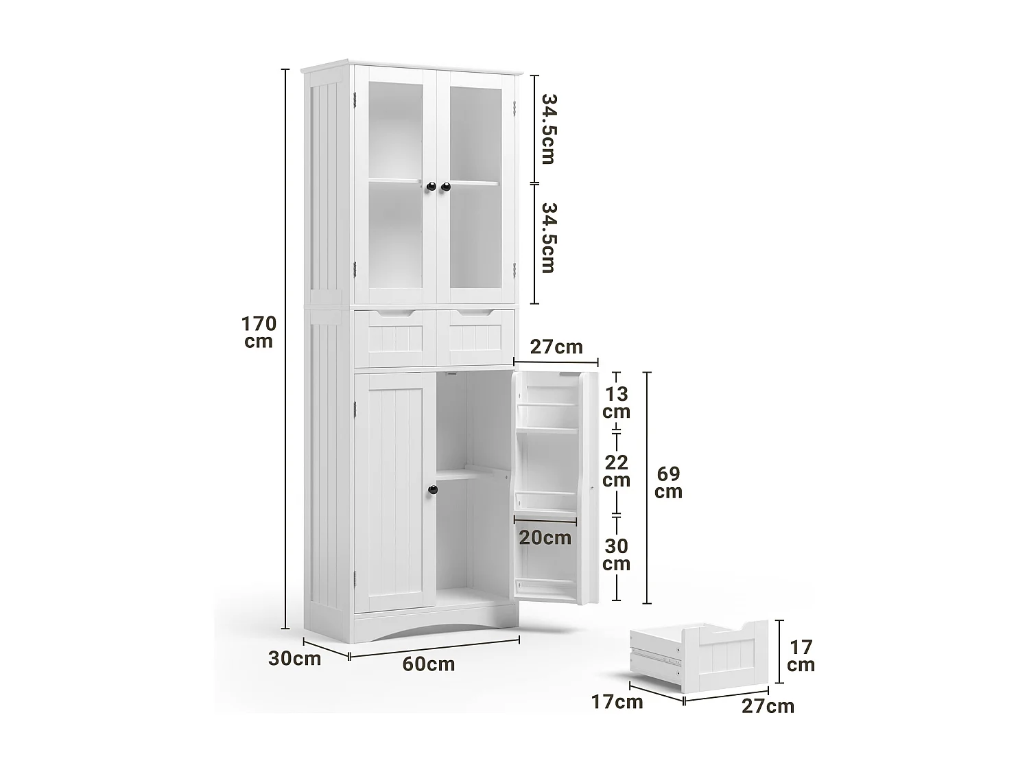 Buffet De Cuisine Avec 2 Tiroirs Et 4 Portes 60x30x170cm Blanc Bealife