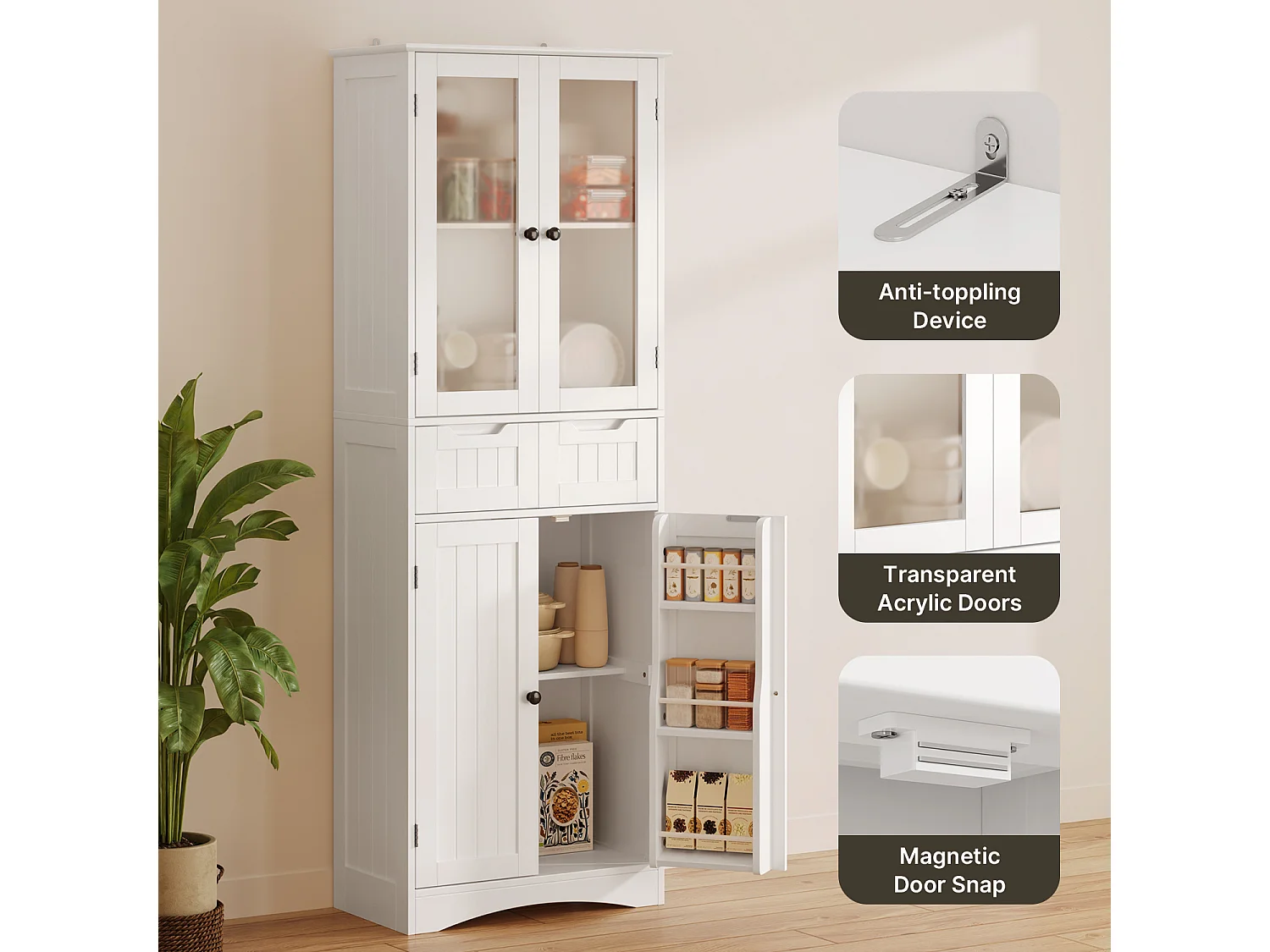 Buffet De Cuisine Avec 2 Tiroirs Et 4 Portes 60x30x170cm Blanc Bealife