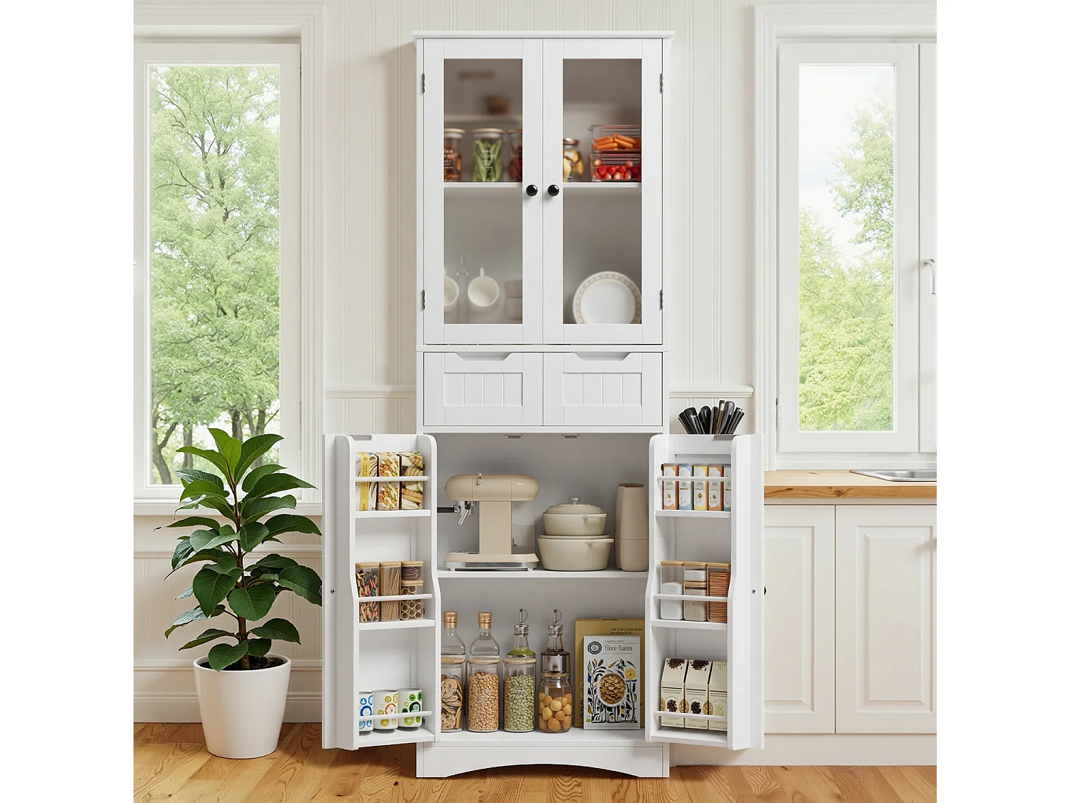 Buffet De Cuisine Avec 2 Tiroirs Et 4 Portes 60x30x170cm Blanc Bealife