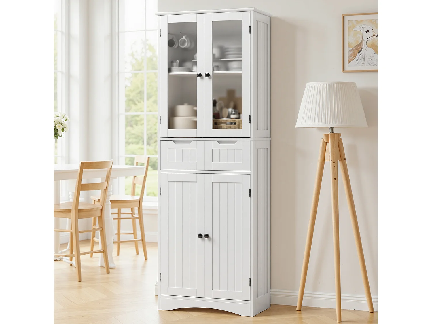 Buffet De Cuisine Avec 2 Tiroirs Et 4 Portes 60x30x170cm Blanc Bealife