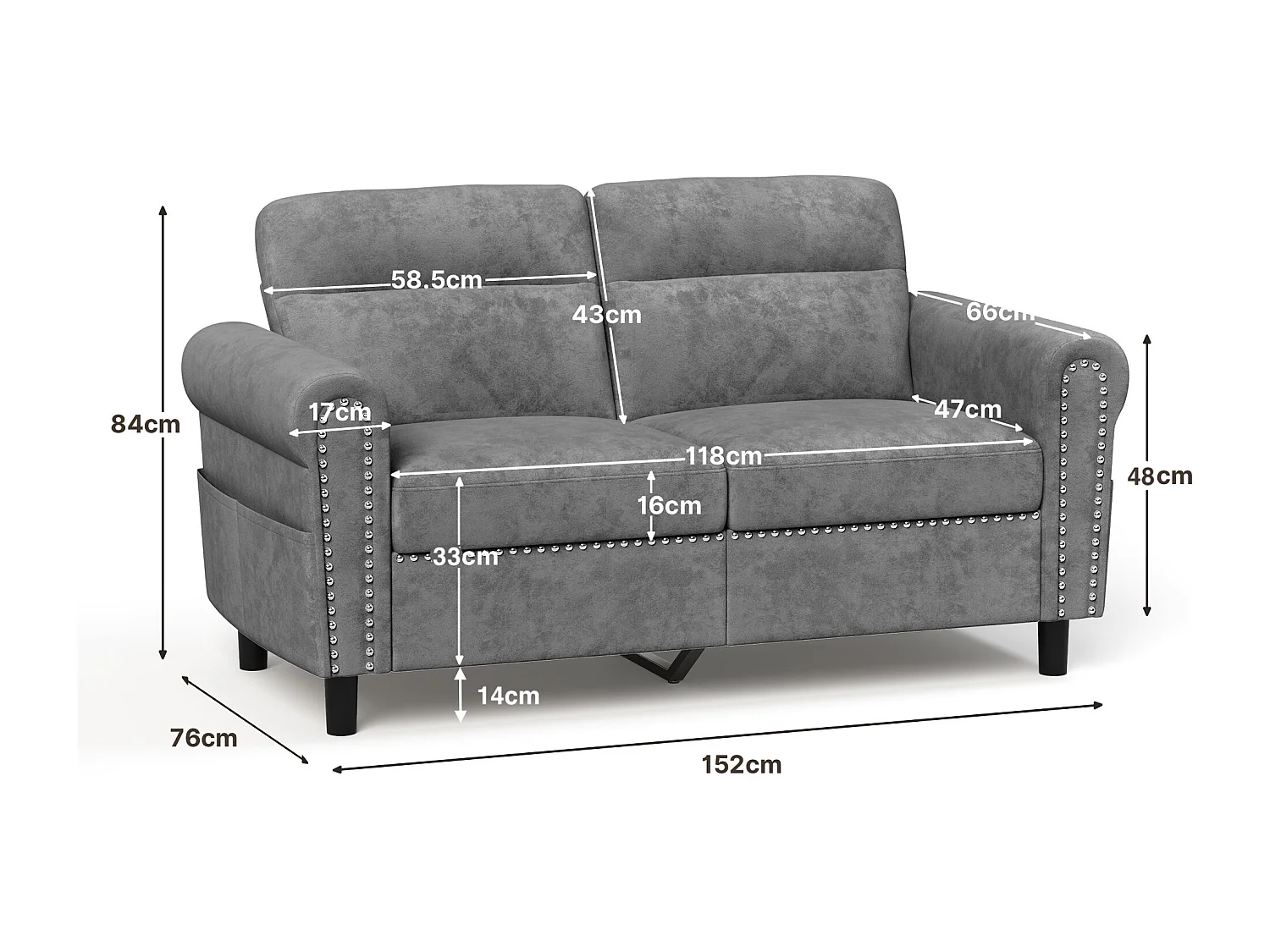 Canapé 2 Places Relax Tissu Gris Foncé，152 x 76 x 84 cm