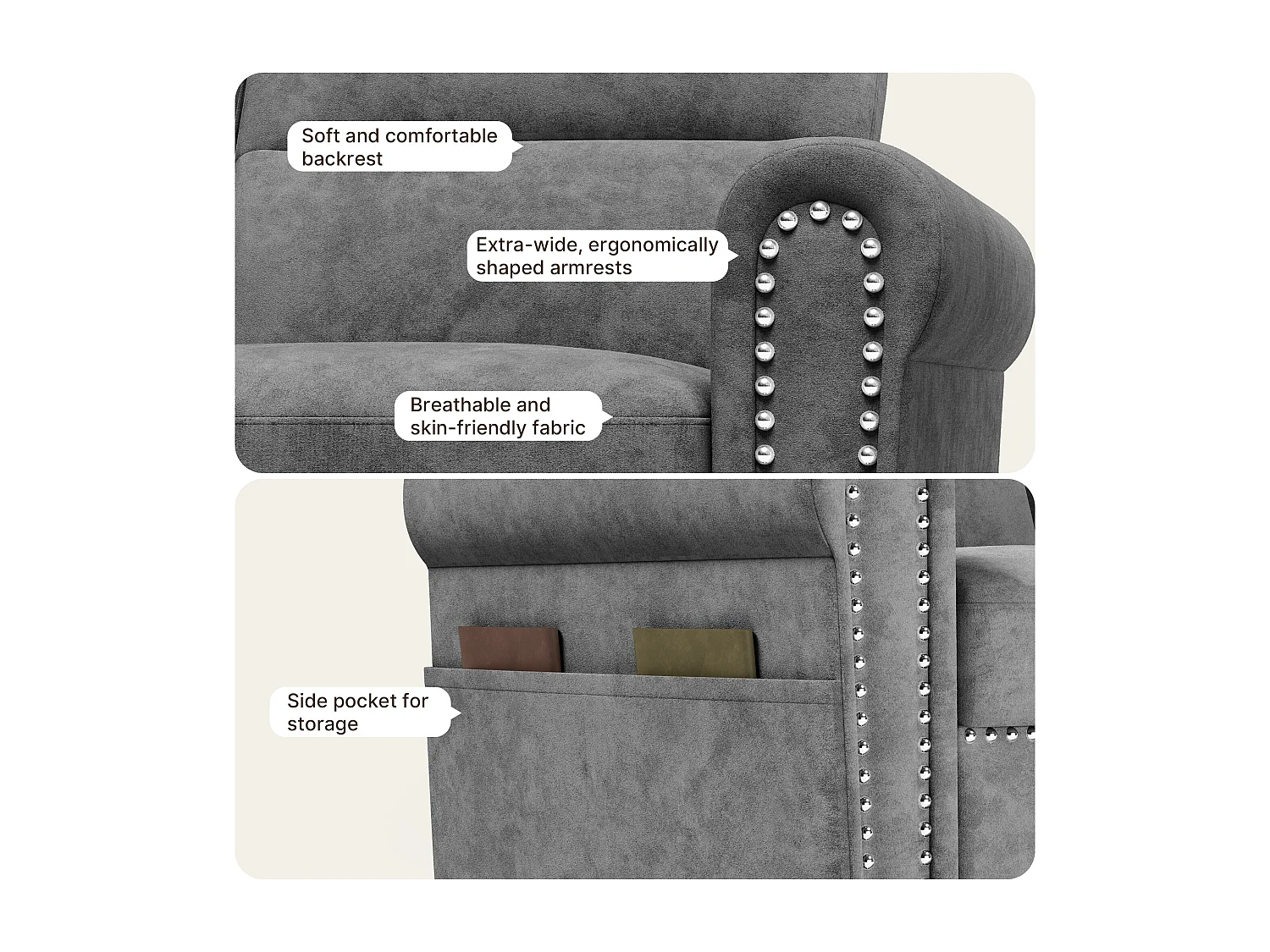 Canapé 2 Places Relax Tissu Gris Foncé，152 x 76 x 84 cm