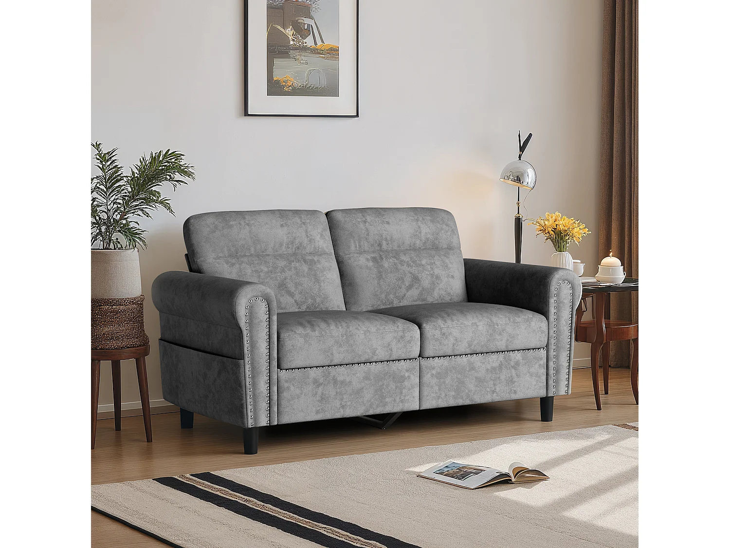 Canapé 2 Places Relax Tissu Gris Foncé，152 x 76 x 84 cm