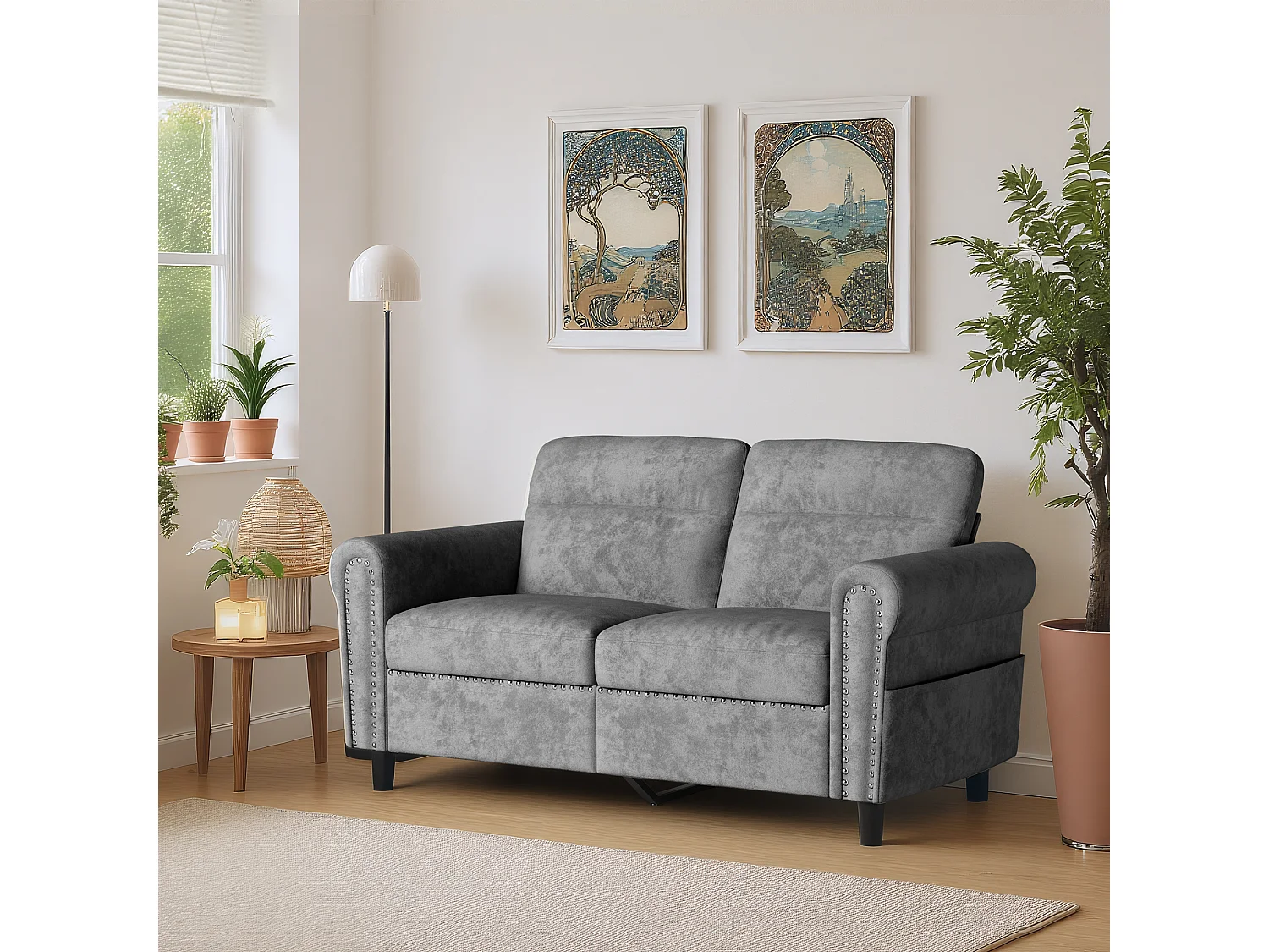 Canapé 2 Places Relax Tissu Gris Foncé，152 x 76 x 84 cm