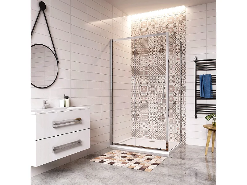 185 cm Box Doccia Angolare Porta Scorrevole con Parete Fissa Vetro Temperato 5 mm Trasparente Telaio Cromato Lucido 150x70 cm