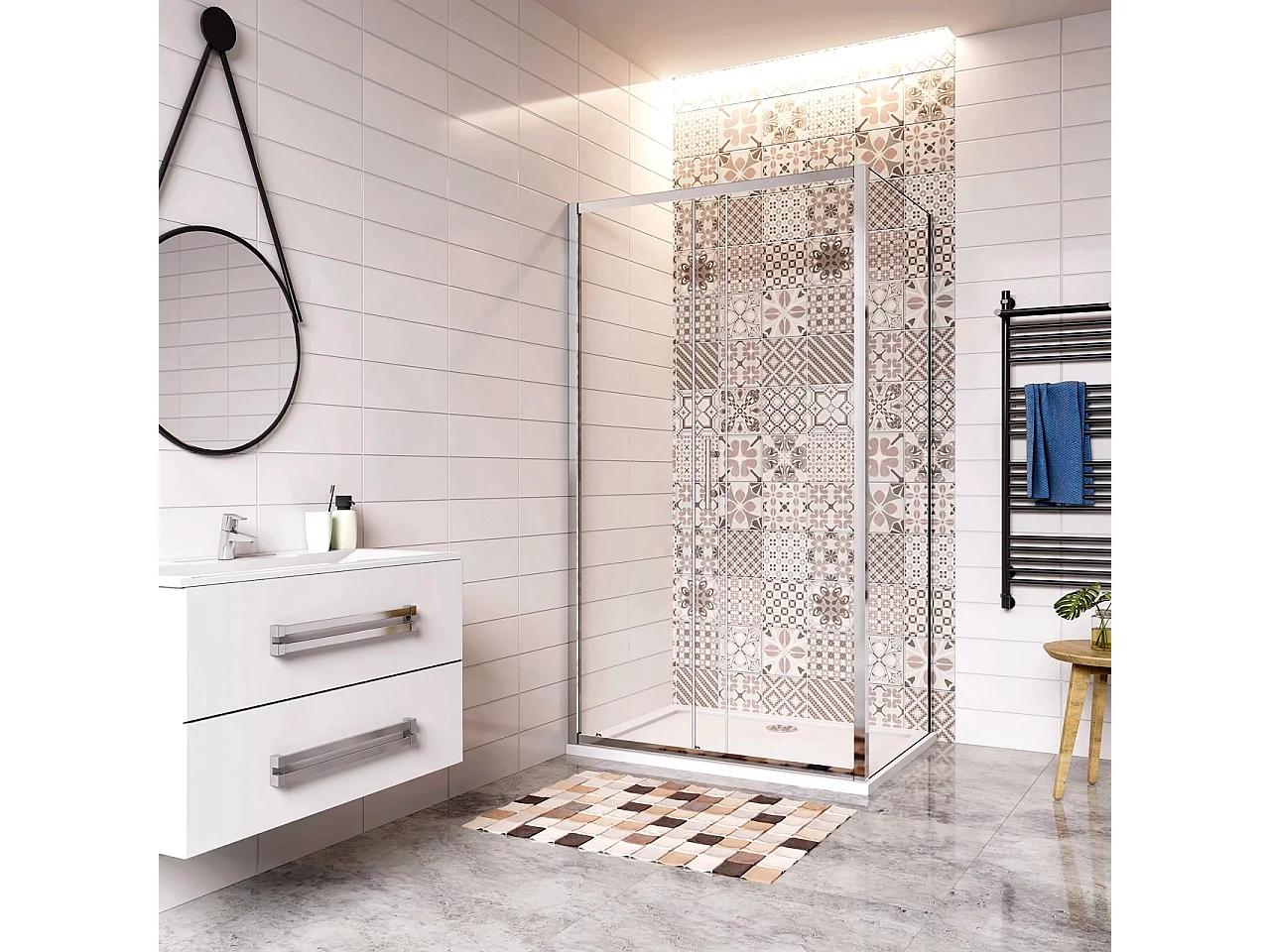 185 cm Box Doccia Angolare Porta Scorrevole con Parete Fissa Vetro Temperato 5 mm Trasparente Telaio Cromato Lucido 120x76 cm