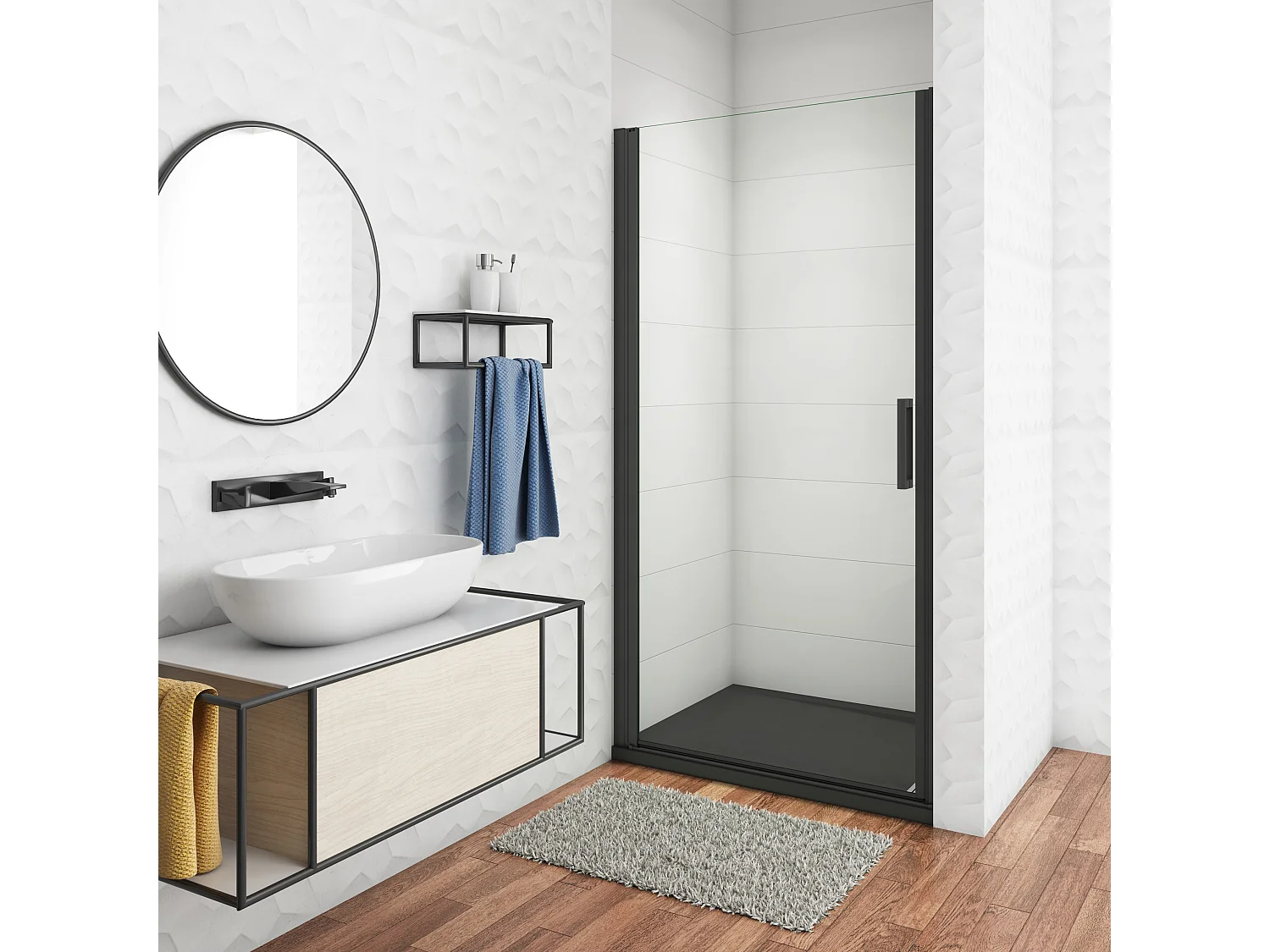 80x200 cm Porta Doccia Battente Per Nicchia Vetro Temperato Trasparente Anticalcare 8mm Telaio Nero Opaco Doccia a Filo Pavimento