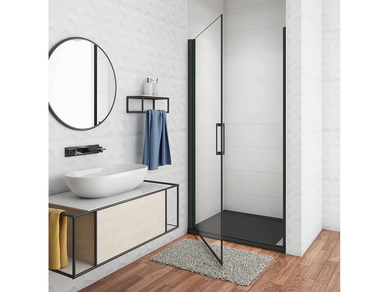 80x200 cm Porta Doccia Battente Per Nicchia Vetro Temperato Trasparente Anticalcare 8mm Telaio Nero Opaco Doccia a Filo Pavimento