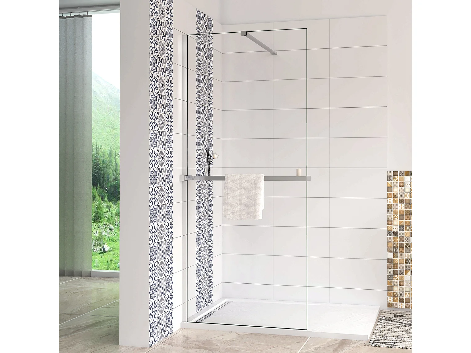 Box Doccia Walk In 120x190 cm Vetro 8 mm Anticalcare Trasparente Barra Stabilizzatrice da 90 cm Mensola Doccia 120 cm