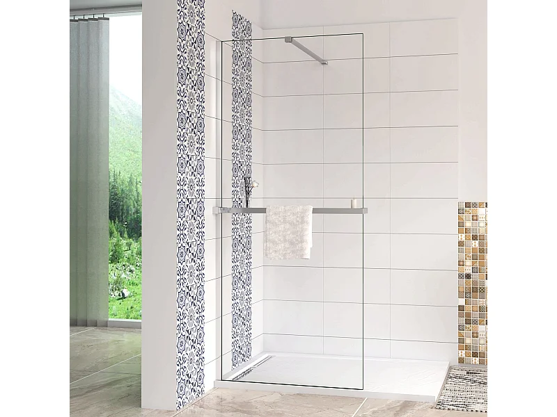 Box Doccia Walk In 80x190 cm Vetro 8 mm Anticalcare Trasparente Barra Stabilizzatrice da 90 cm Mensola Doccia 80 cm