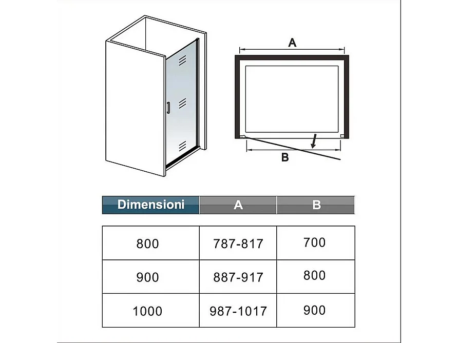 100x200 cm Porta Doccia Battente Per Nicchia Vetro Temperato Trasparente Anticalcare 8mm Telaio Nero Opaco Doccia a Filo Pavimento