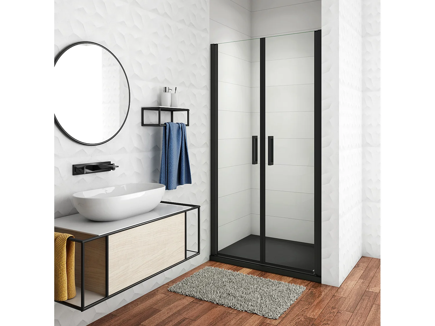 80x200 cm Box Doccia Per Nicchia Doppia Porta Battente Saloon In Vetro 8 mm Temperato Trasparente Anticalcare Telaio Nero Opaco