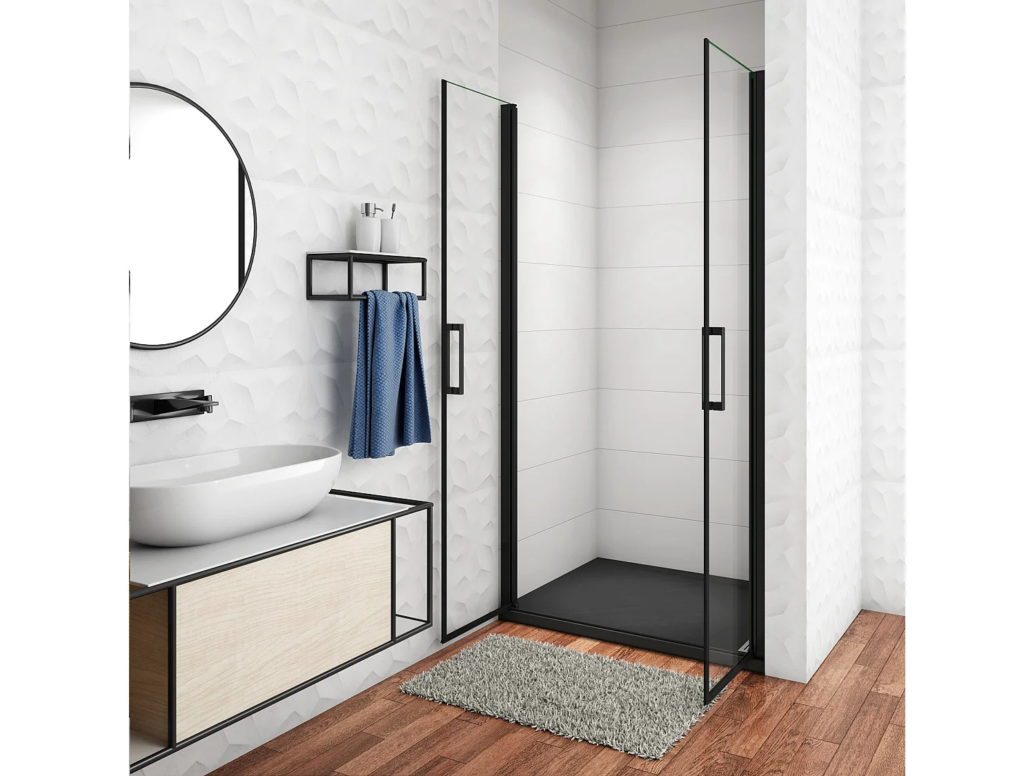 80x200 cm Box Doccia Per Nicchia Doppia Porta Battente Saloon In Vetro 8 mm Temperato Trasparente Anticalcare Telaio Nero Opaco