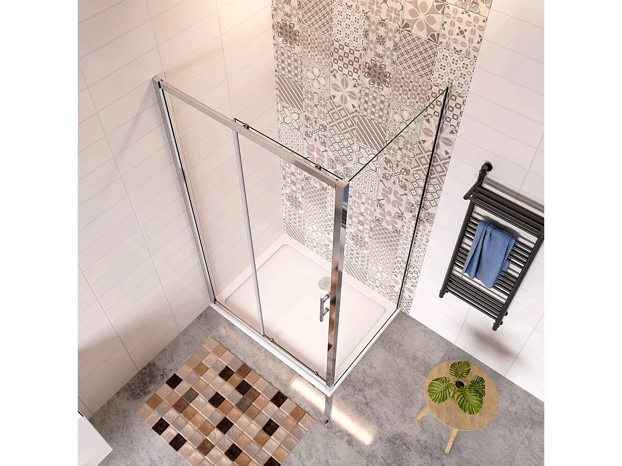 185 cm Box Doccia Angolare Porta Scorrevole con Parete Fissa Vetro Temperato 5 mm Trasparente Telaio Cromato Lucido 120x90 cm