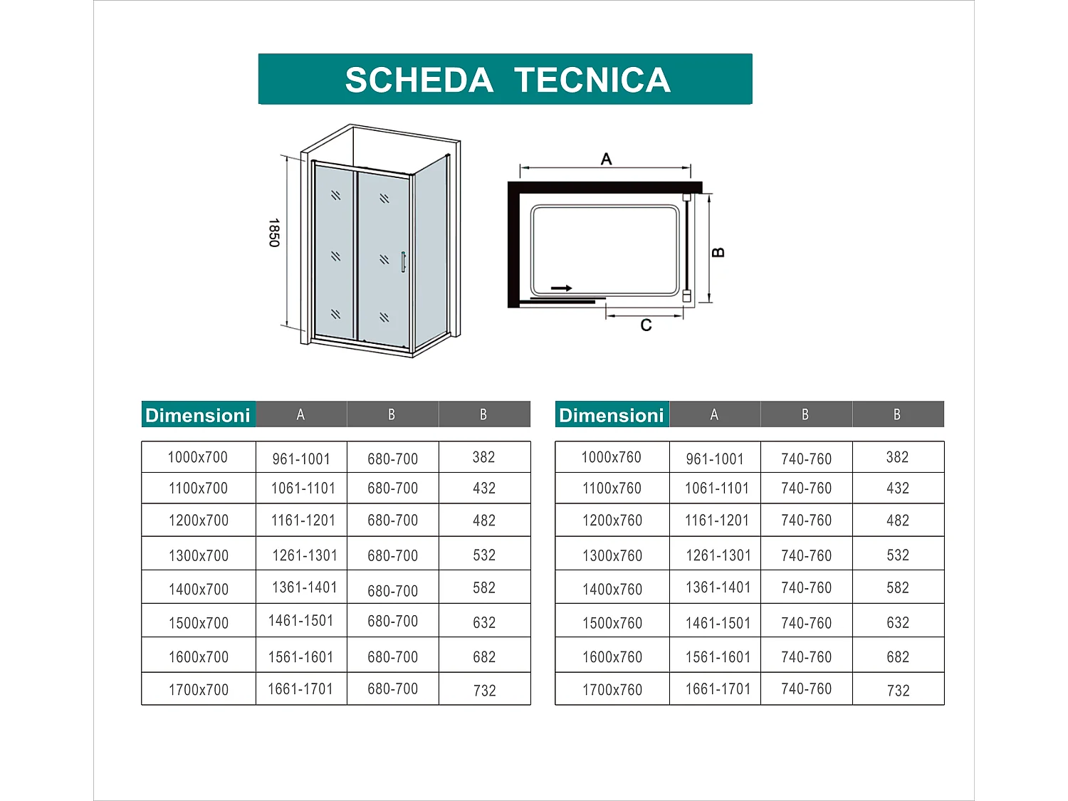 185 cm Box Doccia Angolare Porta Scorrevole con Parete Fissa Vetro Temperato 5 mm Trasparente Telaio Cromato Lucido 110x80 cm