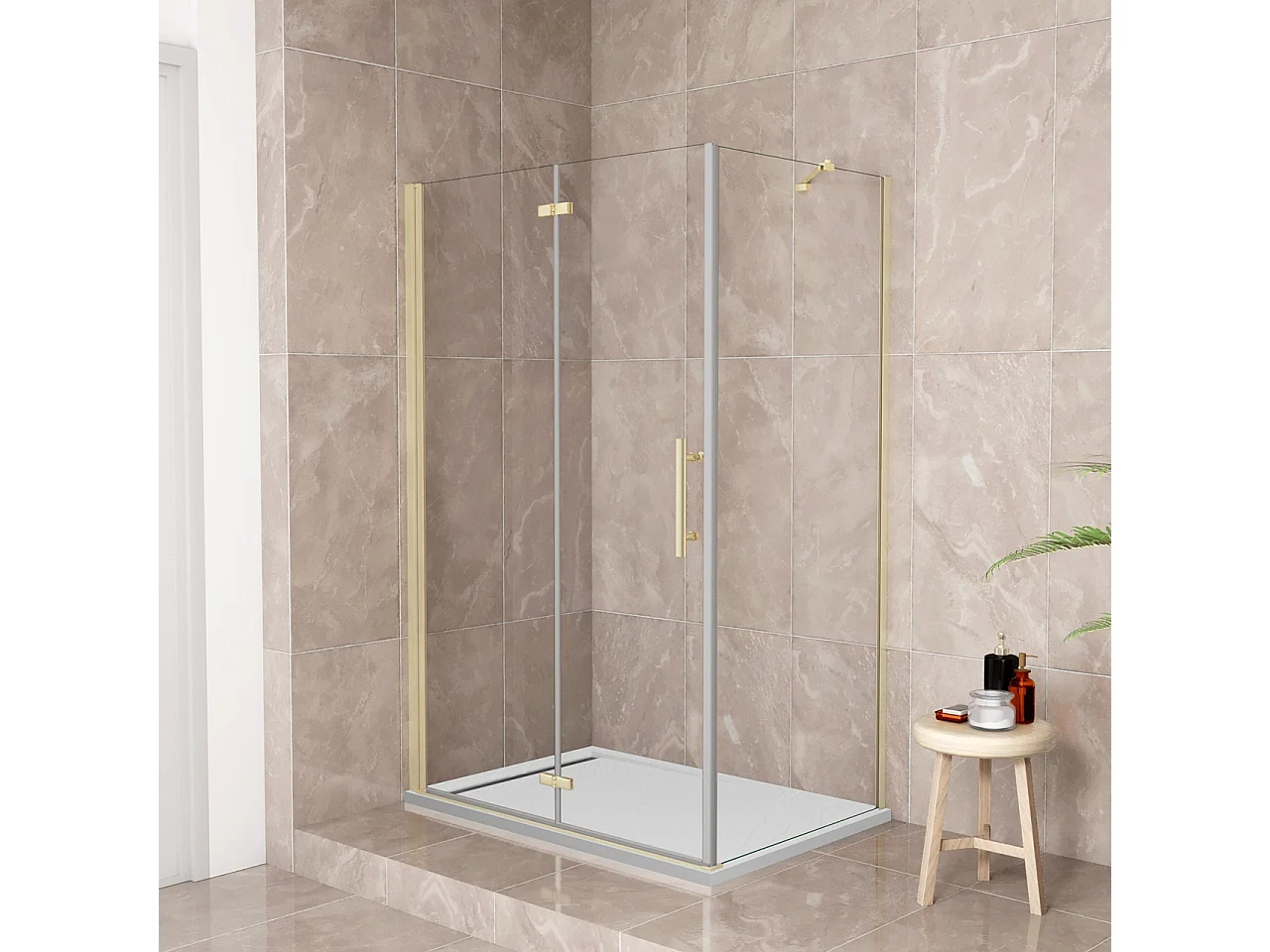 185cm Box Doccia Angolare 90x80cm Porta Battente Pieghevole 90 Parete Fissa 80 Vetro Temperato 6mm Anticalcare Barra Stabilizzatrice da 45cm Dorato Spazzolato