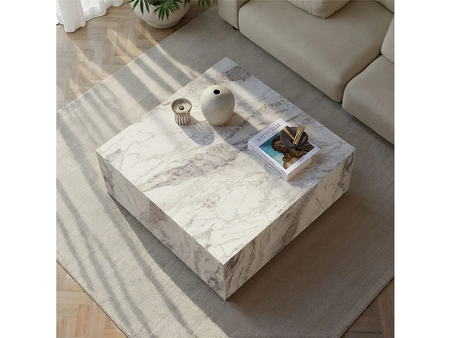 "Prizma" Träkaffebord - Marmor Freesia - 90 x 90 x 35 cm - Grå
