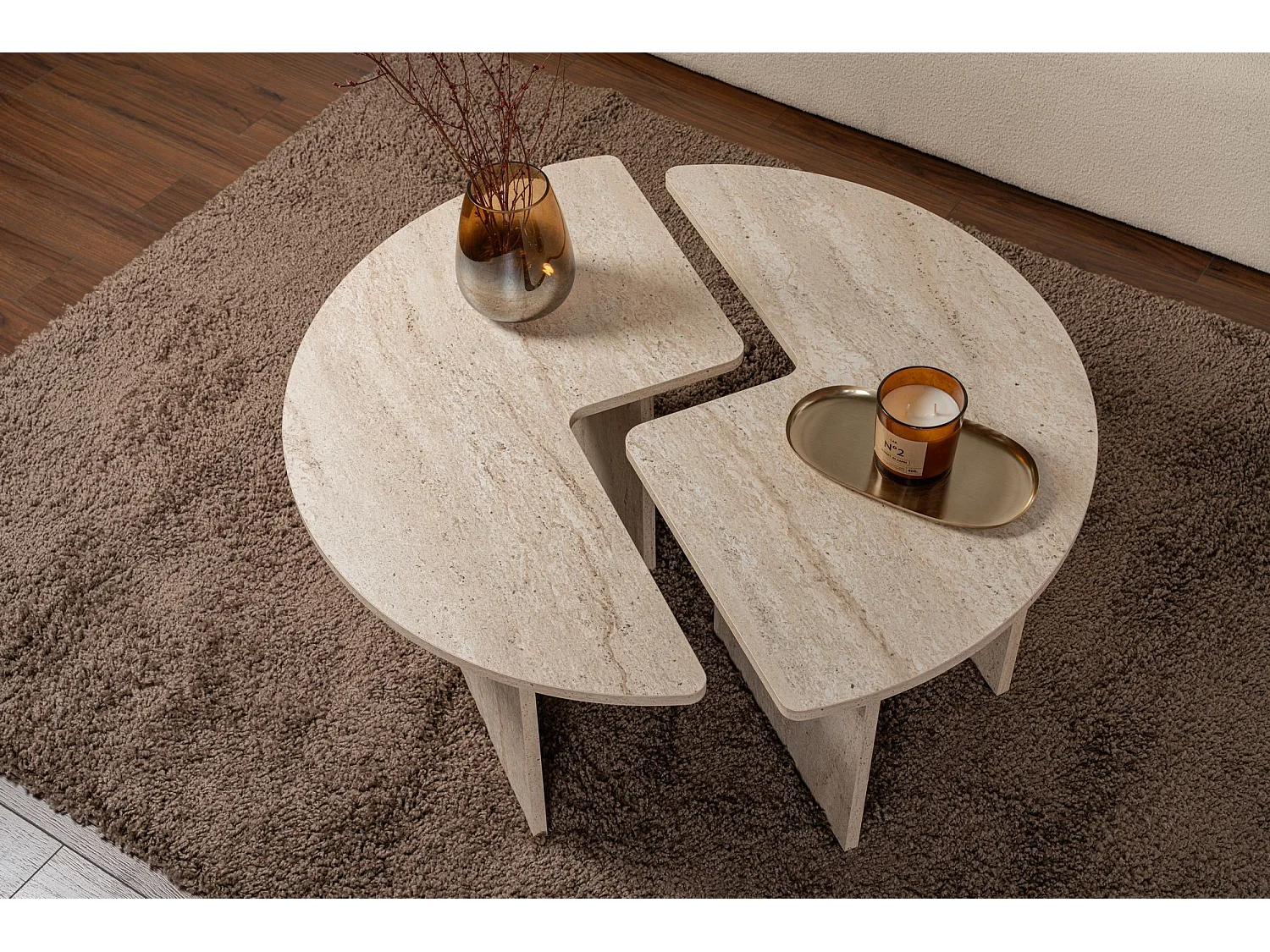 "Moira" Träkaffebord - Travertin - 90 x 90 x 41 cm - Rund - Set om 2