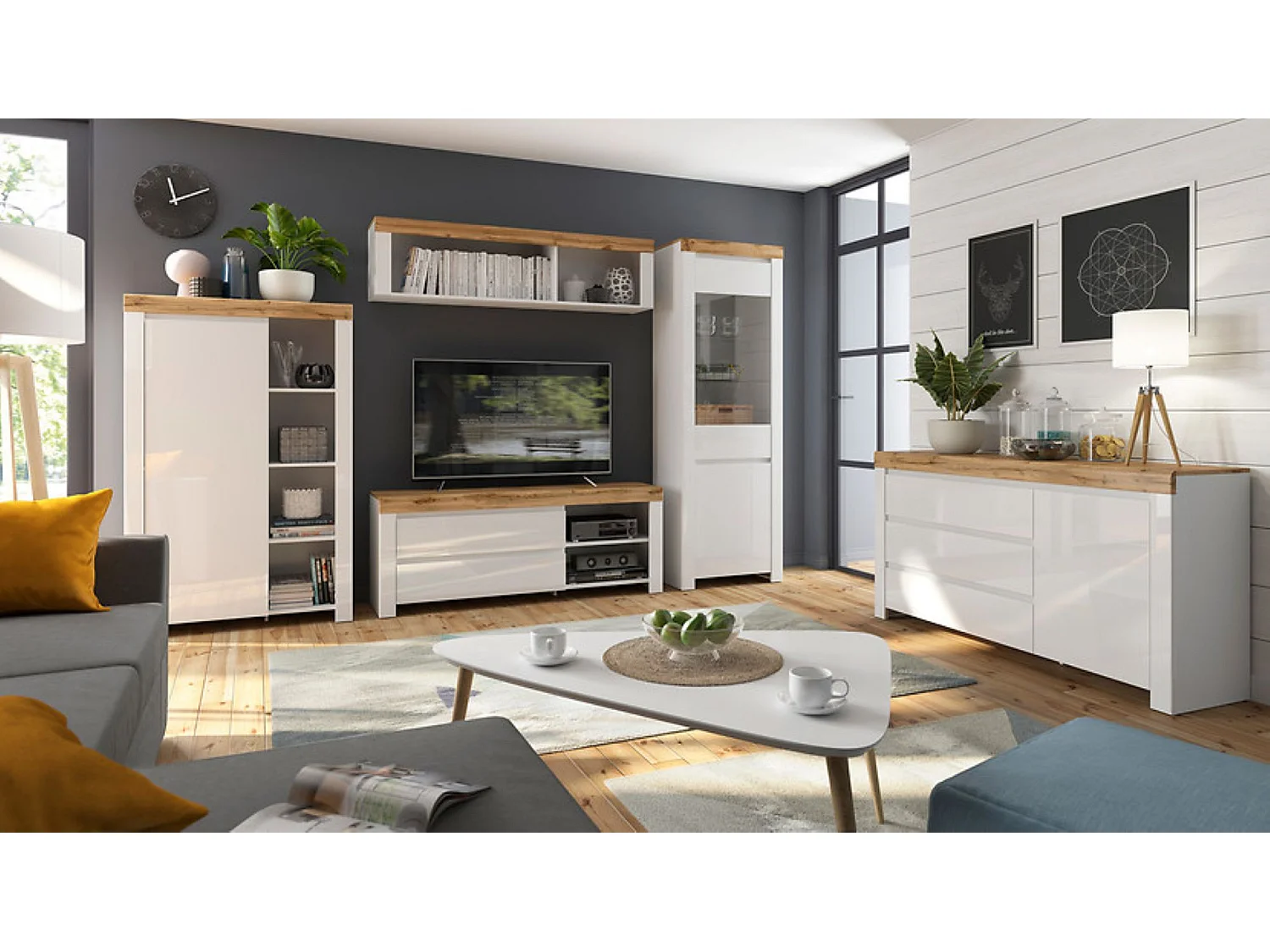 Bibliothèque meuble de rangemenbt avec 3 tiroirs et 4 étagères,coloris Blanc/Chêne wotan - Longueur 68 x Profondeur 42 x Hauteur 203,5 cm