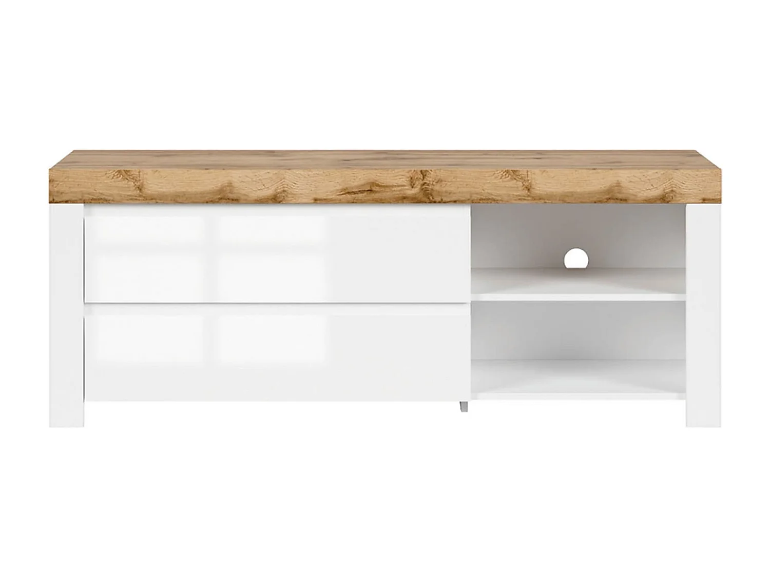 Meuble TV avec 2 tiroirs,coloris Blanc/Chêne wotan - Longueur 156 x Profondeur 42 x Hauteur 60,5 cm