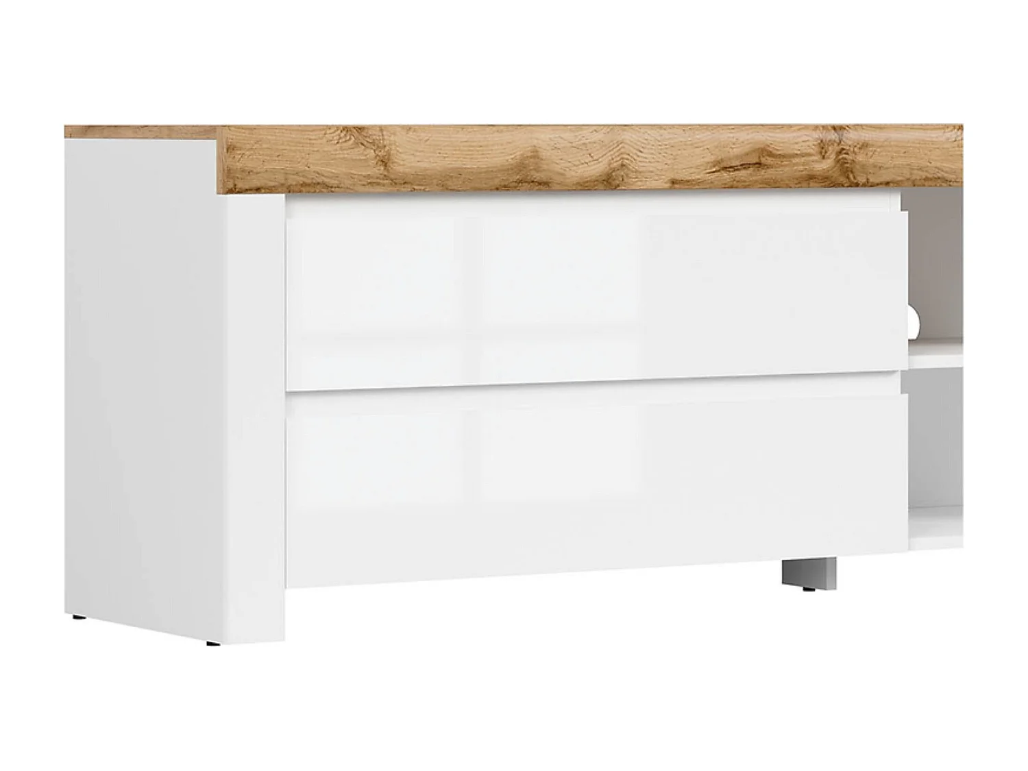 Meuble TV avec 2 tiroirs,coloris Blanc/Chêne wotan - Longueur 156 x Profondeur 42 x Hauteur 60,5 cm