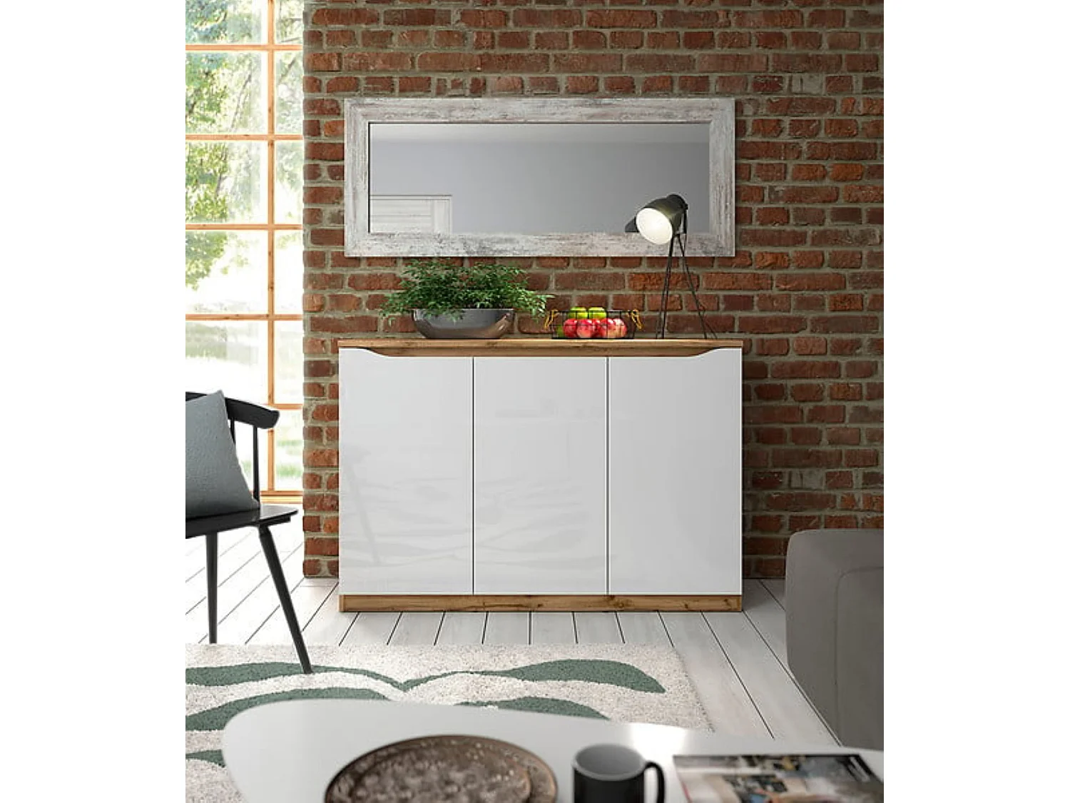 Buffet Meuble de rangement à 3 portes, coloris chêne Wotan/blanc brillant - Longueur 135 x Profondeur 39,5 x Hauteur 91,5 cm
