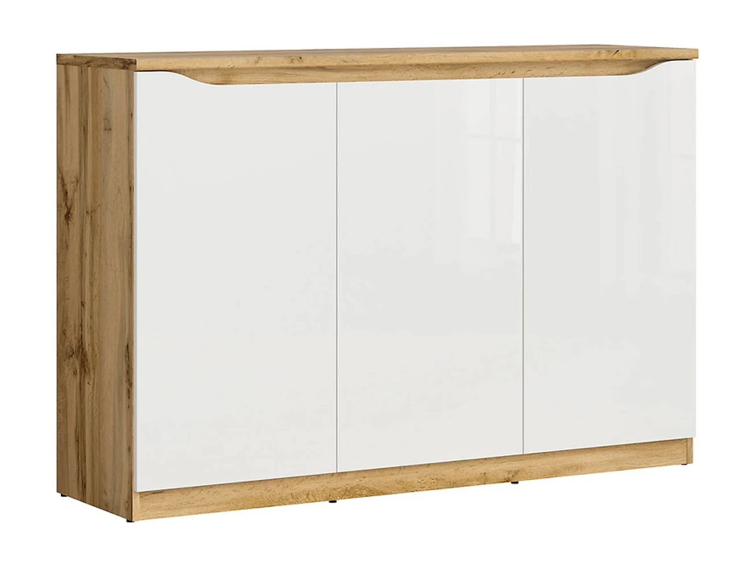 Buffet Meuble de rangement à 3 portes, coloris chêne Wotan/blanc brillant - Longueur 135 x Profondeur 39,5 x Hauteur 91,5 cm