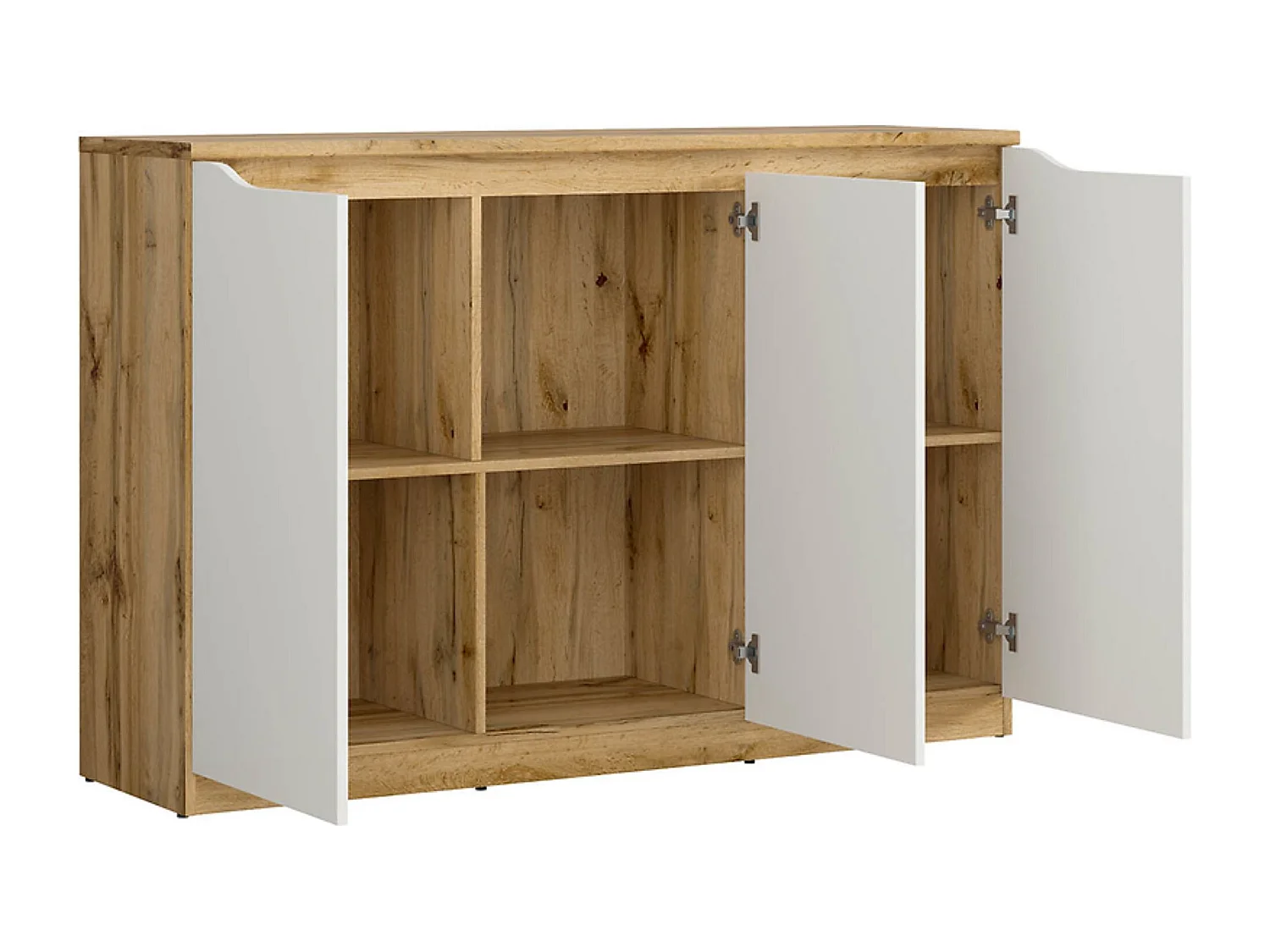 Buffet Meuble de rangement à 3 portes, coloris chêne Wotan/blanc brillant - Longueur 135 x Profondeur 39,5 x Hauteur 91,5 cm