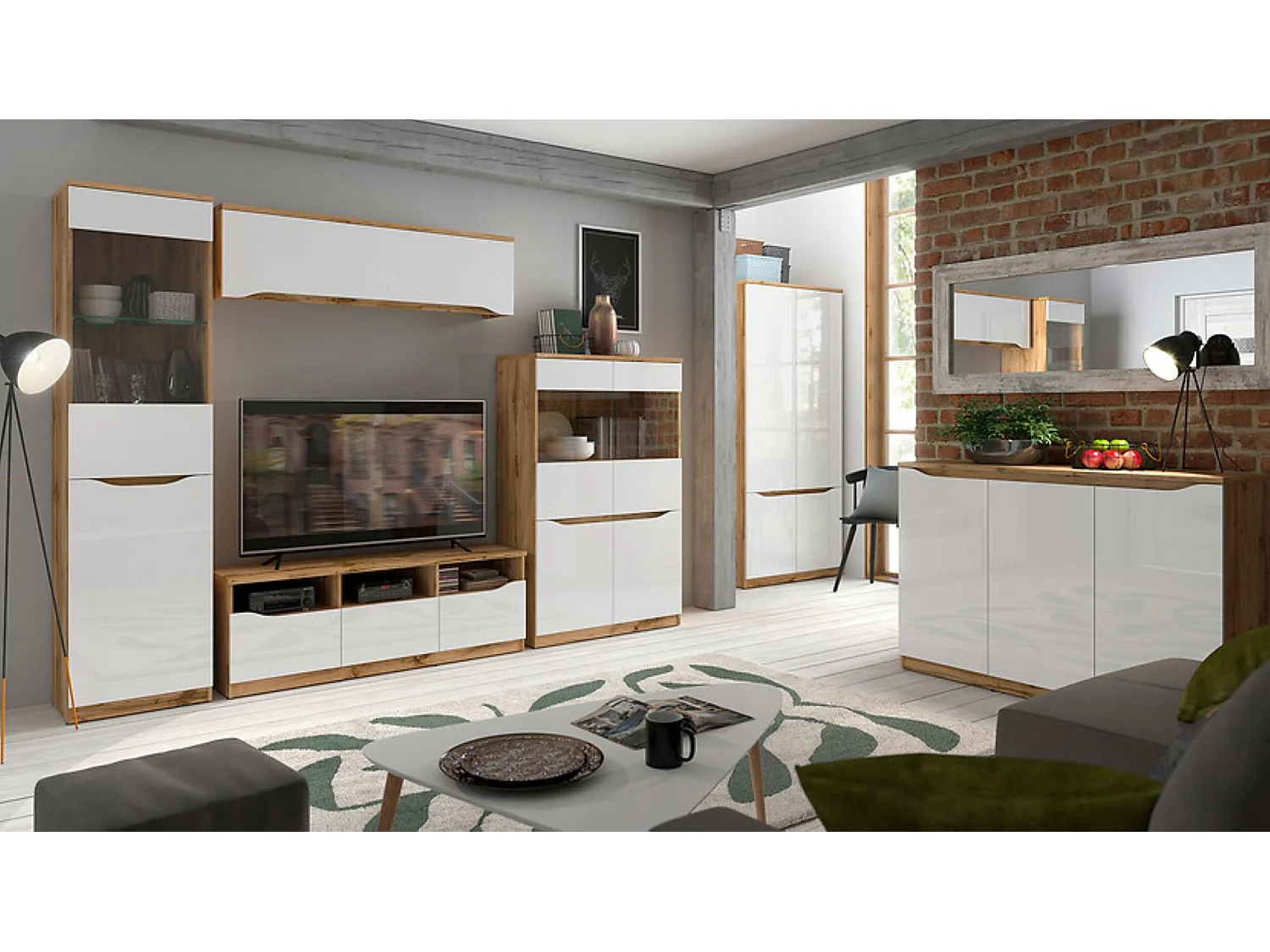 Buffet Meuble de rangement à 3 portes, coloris chêne Wotan/blanc brillant - Longueur 135 x Profondeur 39,5 x Hauteur 91,5 cm