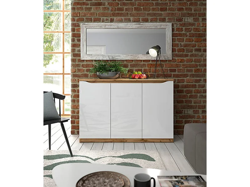 Buffet Meuble de rangement à 3 portes, coloris chêne Wotan/blanc brillant - Longueur 135 x Profondeur 39,5 x Hauteur 91,5 cm