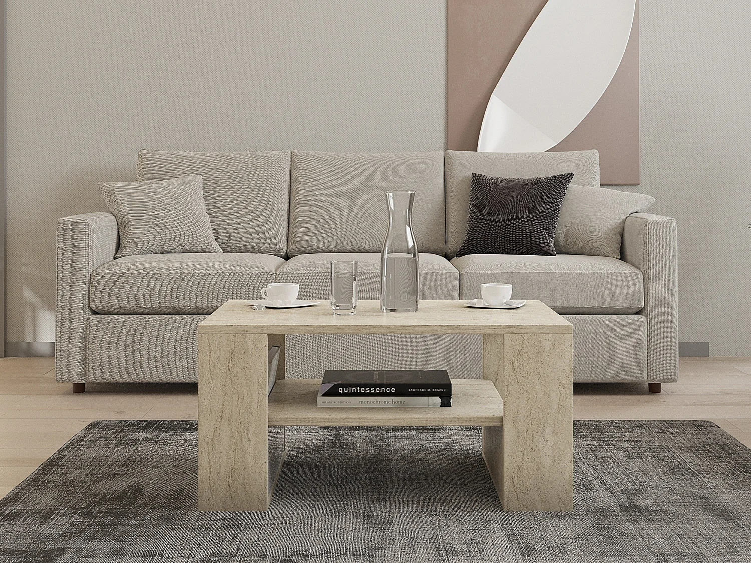 Table basse en bois "Iris" - 80 x 50 x 40 cm - Travertin