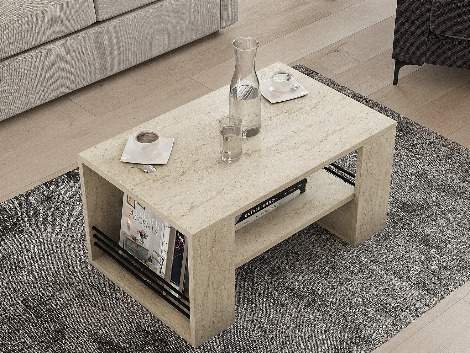 Table basse en bois "Iris" - 80 x 50 x 40 cm - Travertin