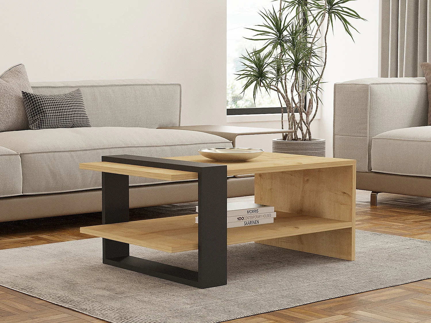 Table Basse en bois "Yonca" - 50 x 80 x 35 cm - Anthracite, Chêne