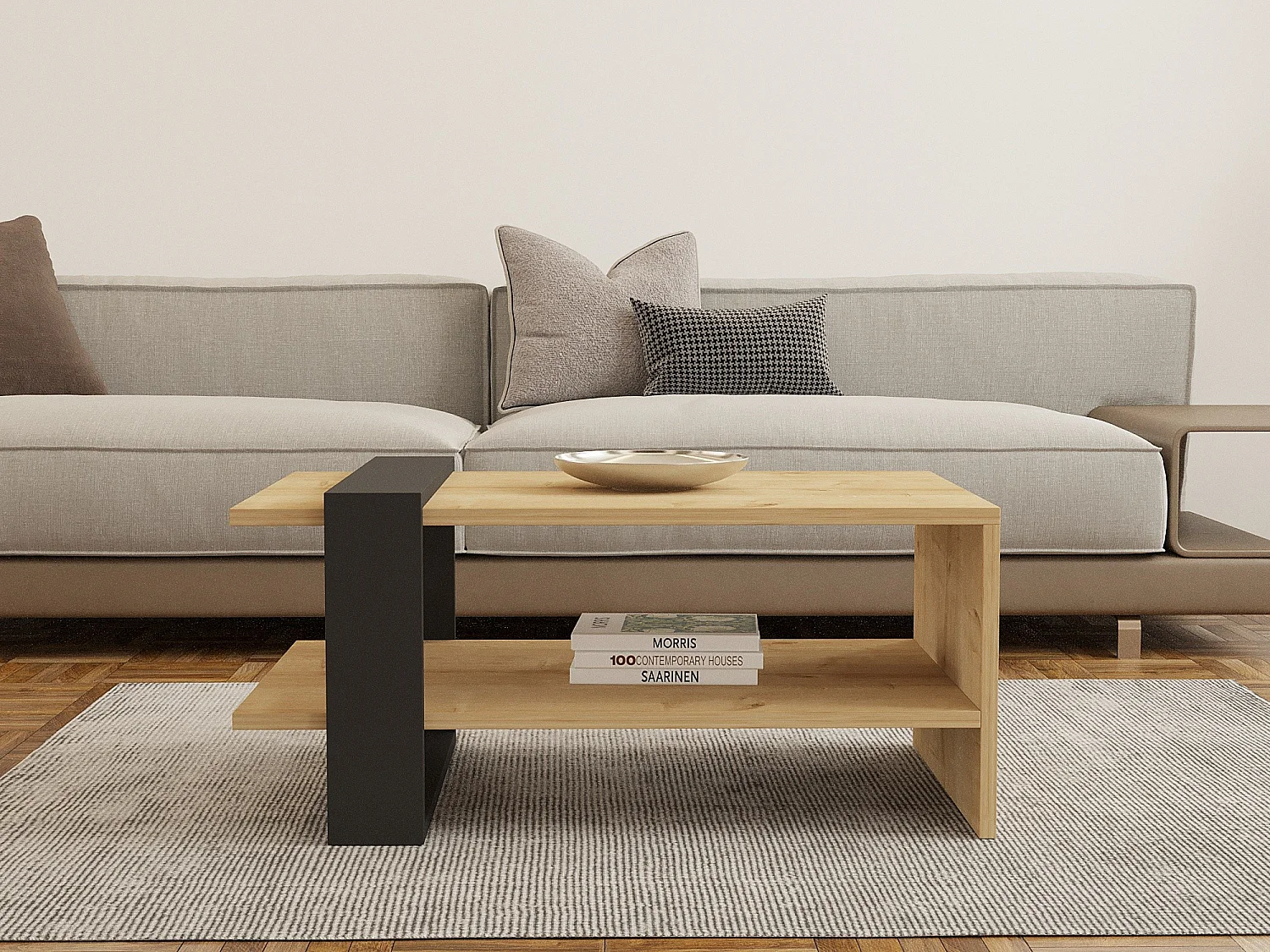 Table Basse en bois "Yonca" - 50 x 80 x 35 cm - Anthracite, Chêne