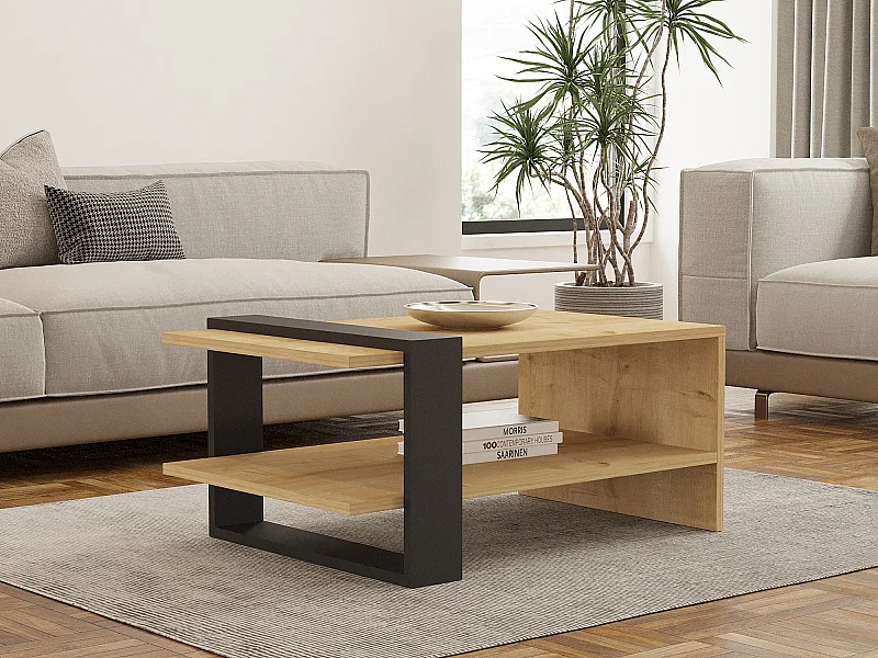 Table Basse en bois "Yonca" - 50 x 80 x 35 cm - Anthracite, Chêne