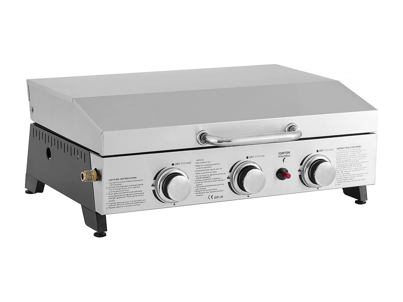 Piastra a gas con 3 bruciatori e coperchio in metallo "Fasto" - 7,5 kw - Grigio