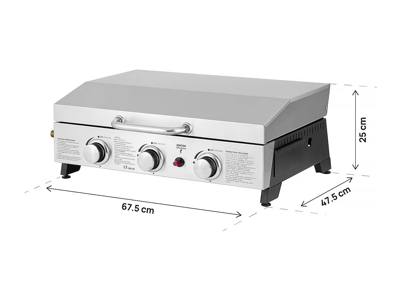 Piastra a gas con 3 bruciatori e coperchio in metallo "Fasto" - 7,5 kw - Grigio