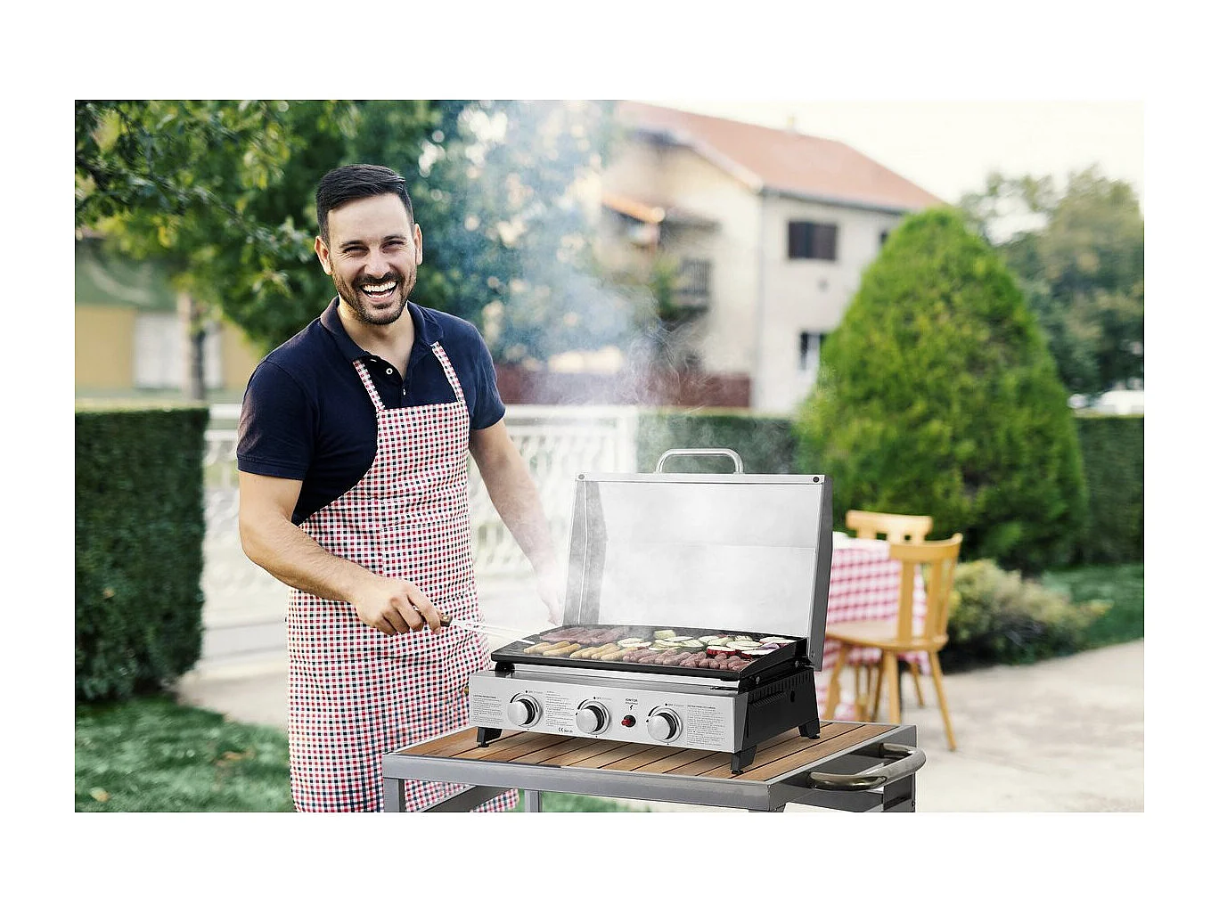 Plancha à gaz avec 3 bruleurs et couvercle en métal "Fasto" - 7,5 kw - Gris