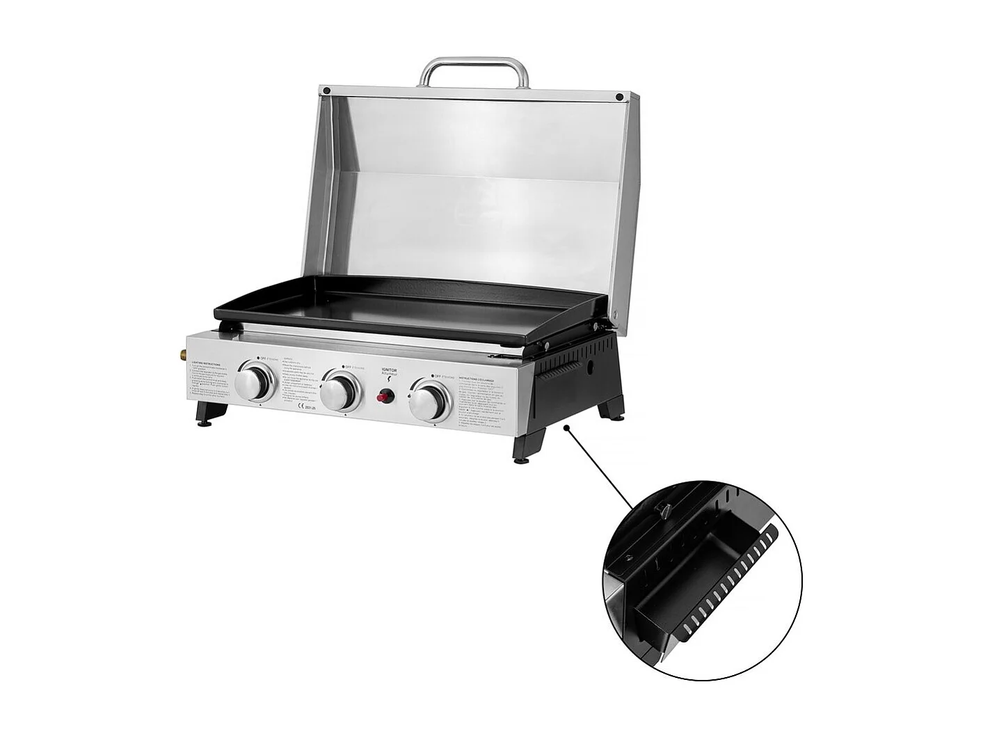 Plancha à gaz avec 3 bruleurs et couvercle en métal "Fasto" - 7,5 kw - Gris