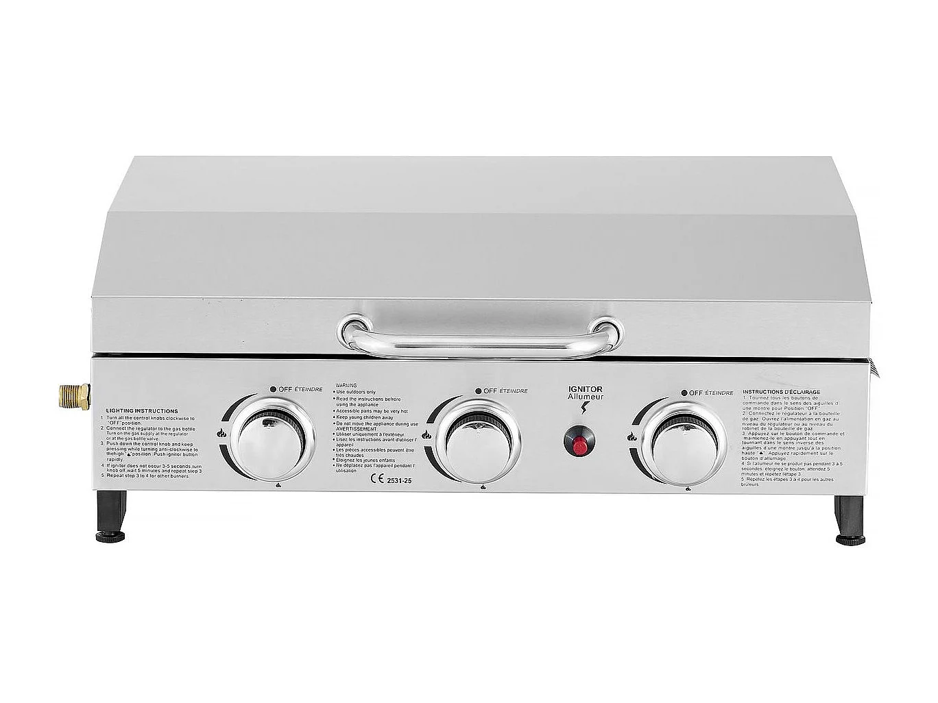 Plancha à gaz avec 3 bruleurs et couvercle en métal "Fasto" - 7,5 kw - Gris