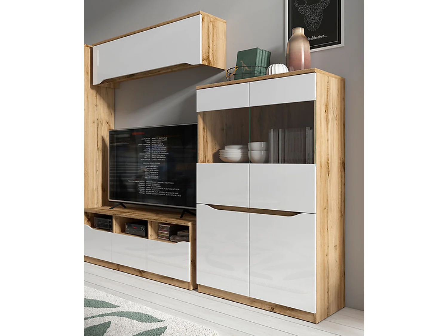 Vitrine à 4 portes avec verre trempé, coloris chêne Wotan/blanc brillant - Longueur 90 x Profondeur 39,5 x Hauteur 142,5 cm