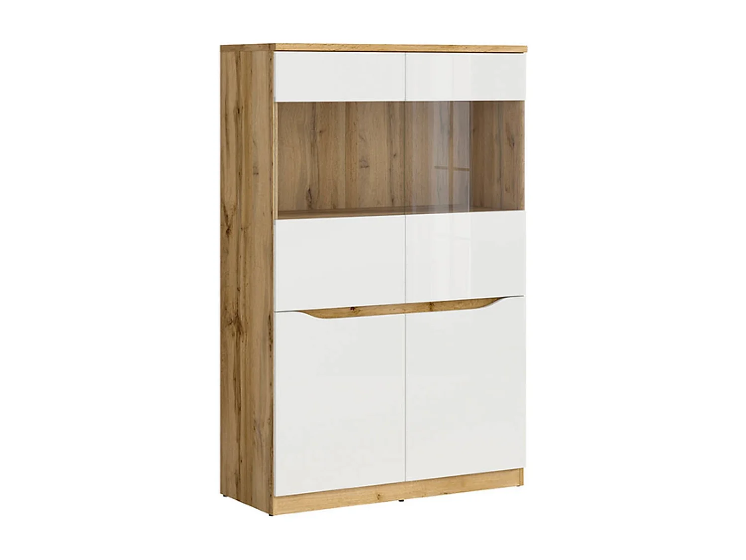 Vitrine à 4 portes avec verre trempé, coloris chêne Wotan/blanc brillant - Longueur 90 x Profondeur 39,5 x Hauteur 142,5 cm