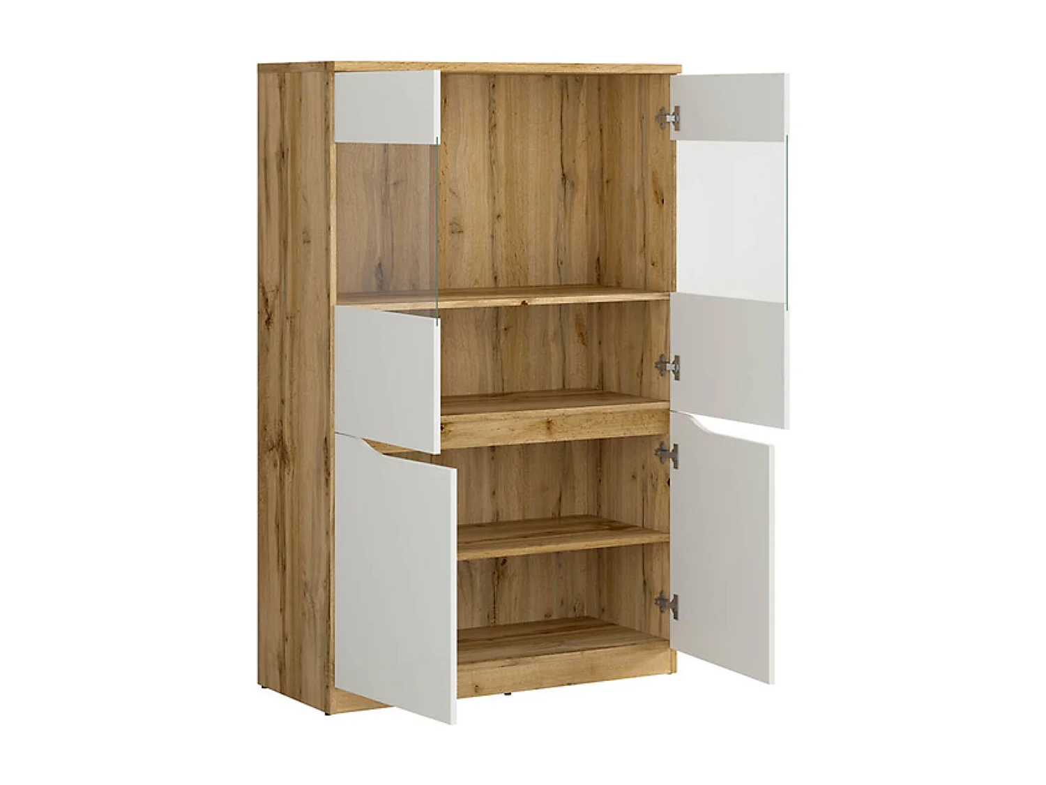 Vitrine à 4 portes avec verre trempé, coloris chêne Wotan/blanc brillant - Longueur 90 x Profondeur 39,5 x Hauteur 142,5 cm