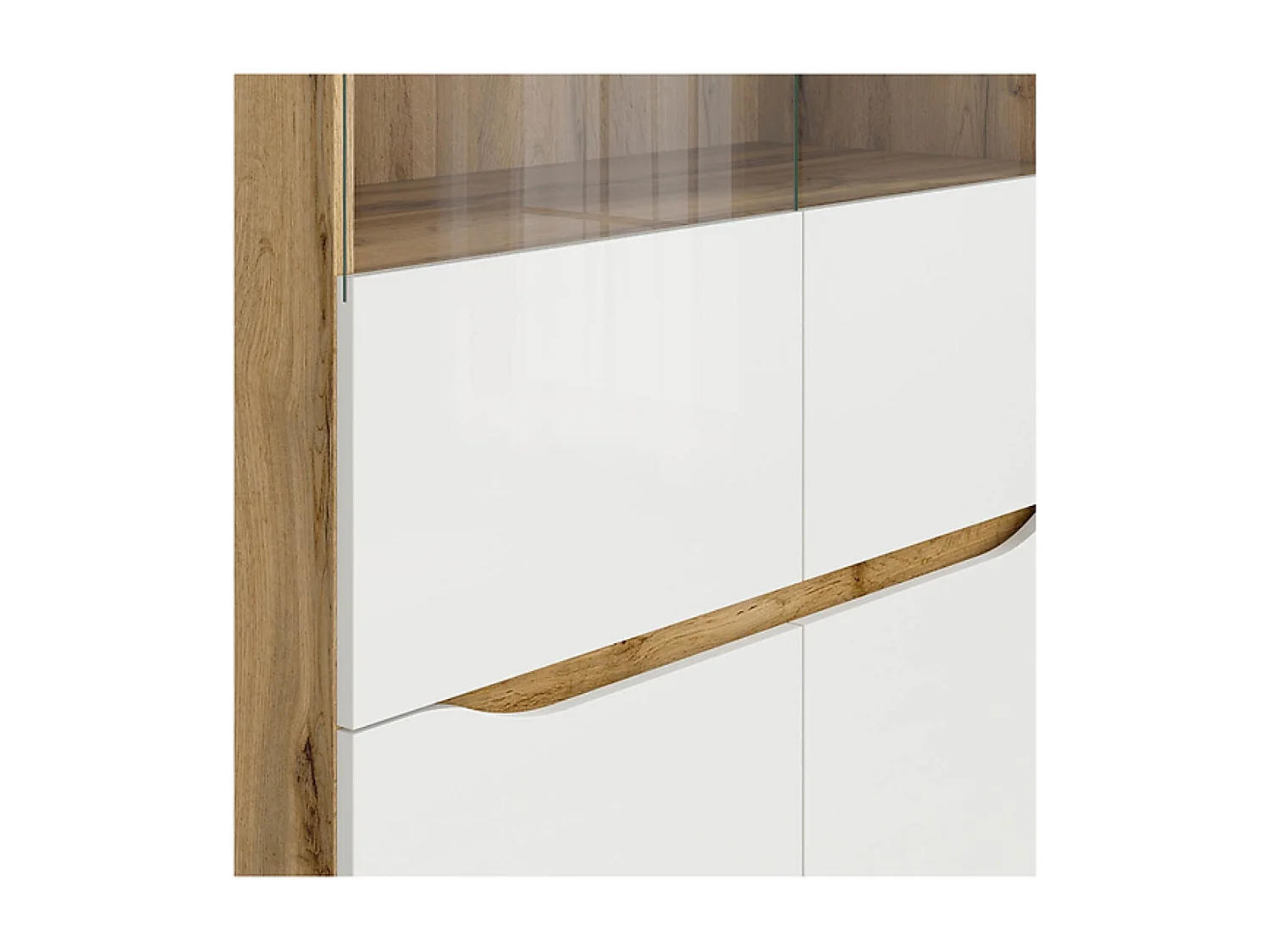 Vitrine à 4 portes avec verre trempé, coloris chêne Wotan/blanc brillant - Longueur 90 x Profondeur 39,5 x Hauteur 142,5 cm