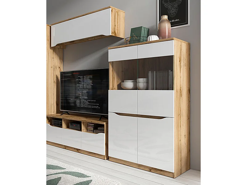 Vitrine à 4 portes avec verre trempé, coloris chêne Wotan/blanc brillant - Longueur 90 x Profondeur 39,5 x Hauteur 142,5 cm