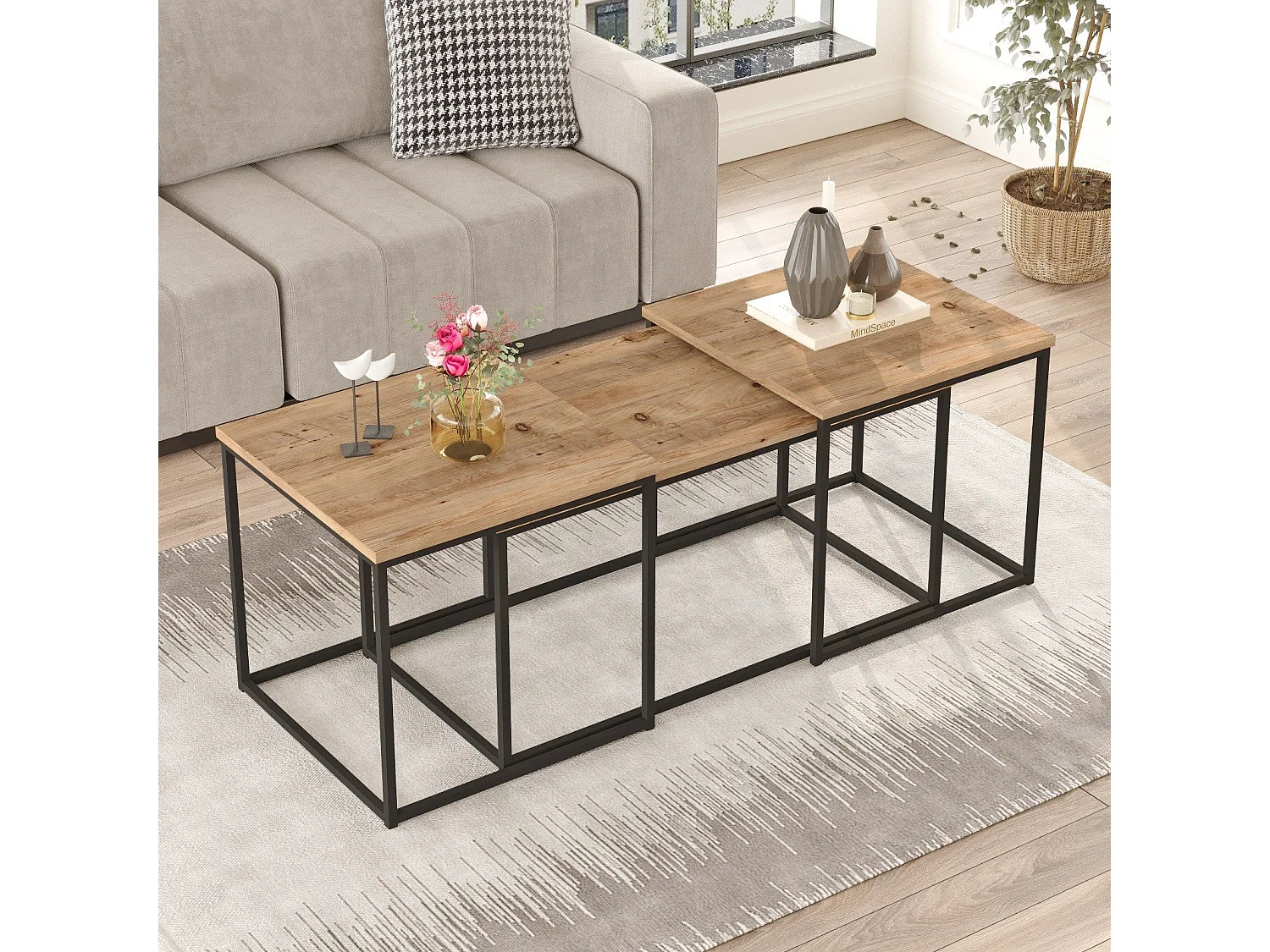 Lot de 3 tables basse en bois "VG9" - 90 x 45 x 44 cm - Pin Atlantique